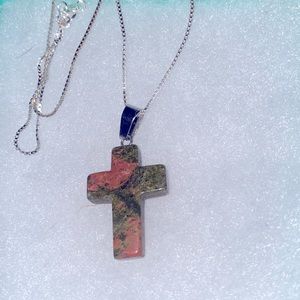 Boho hippie Unakite Cross Sterling Silver 16” Necklace